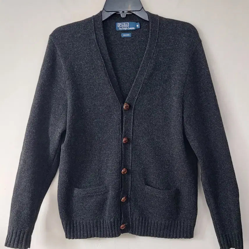 [BUNJANG] Polo Ralph Lauren Vintage Wool Cardigan with Leather Buttons and Elbow Patches - M / 폴로랄프로렌 빈티지 M 순모 레더버튼 엘보패치 가디건. DG. A