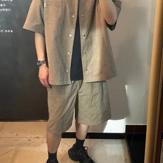 [BUNJANG] Juun.J 26SS Checkerboard Stitch Open Collar Shirt Beige Size 48 / 준지 26ss 체커보드 스티치 오픈칼라 셔츠 풀구성