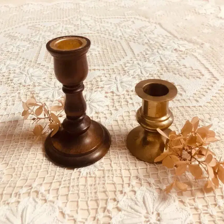 [BUNJANG] Antique Vintage Mini Wood and Brass Candlestick Set / 앤틱 빈티지 미니 우드 브라스 촛대