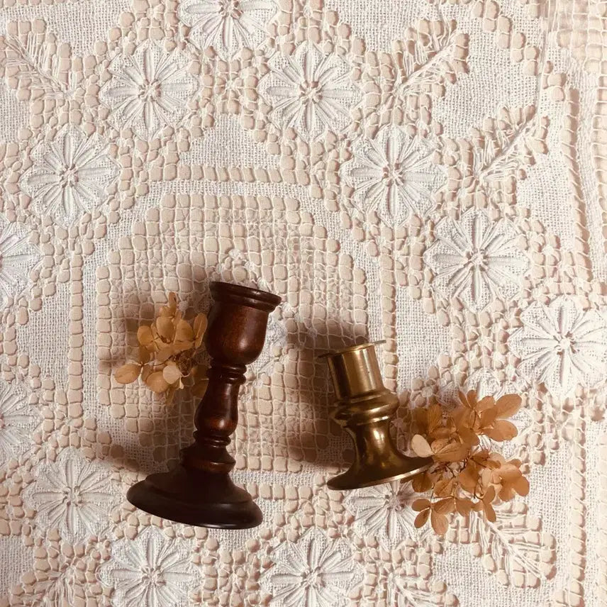 [BUNJANG] Antique Vintage Mini Wood and Brass Candlestick Set / 앤틱 빈티지 미니 우드 브라스 촛대