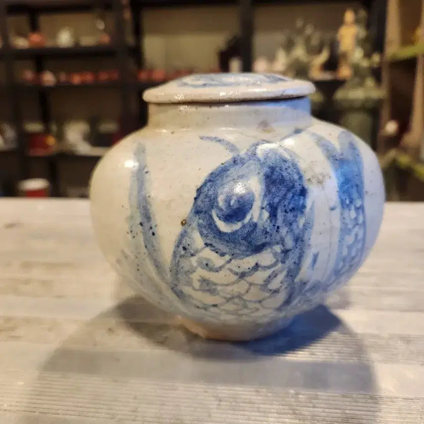 [BUNJANG] Korean Celadon Porcelain Jar with Fish Motif / 한국 청화백자 어문 도자기 단지,쓰브