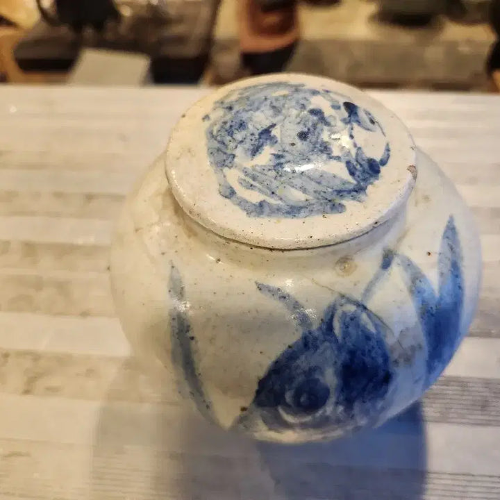 [BUNJANG] Korean Celadon Porcelain Jar with Fish Motif / 한국 청화백자 어문 도자기 단지,쓰브
