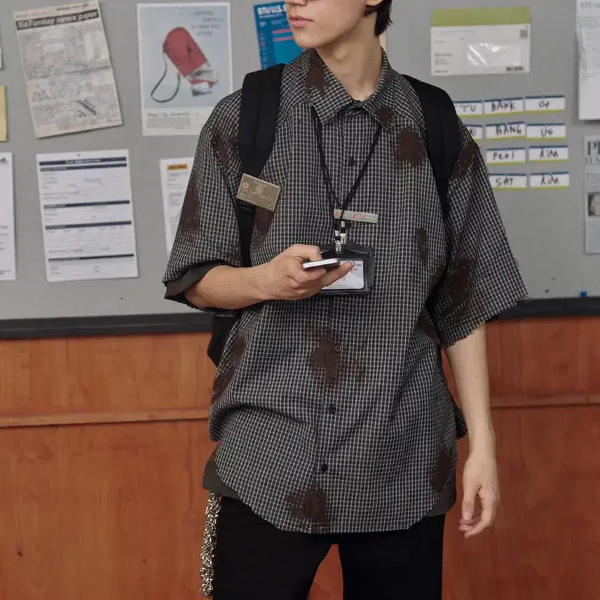 [BUNJANG] STU Destroyed Painting Check Shirt Black / STU Destroyed Painting Check Shirt Black