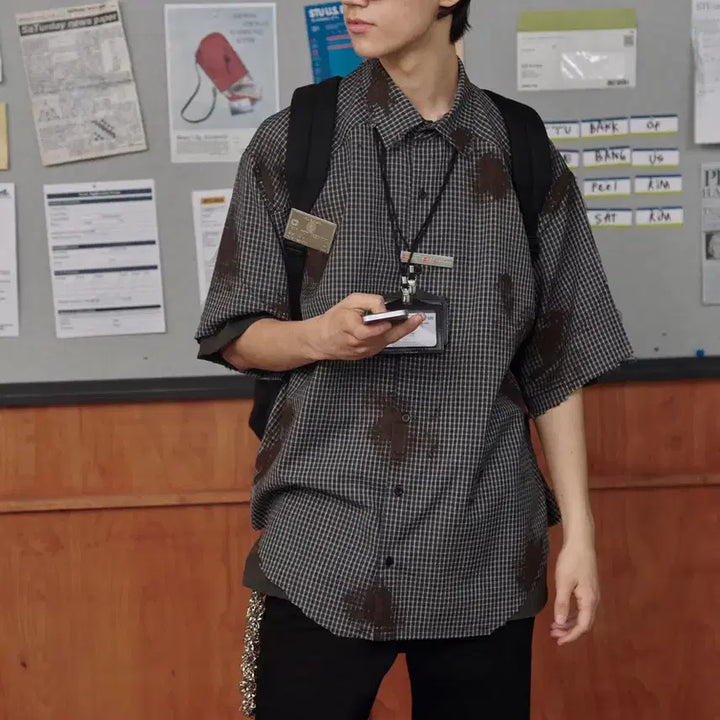 [BUNJANG] STU Destroyed Painting Check Shirt Black / STU Destroyed Painting Check Shirt Black