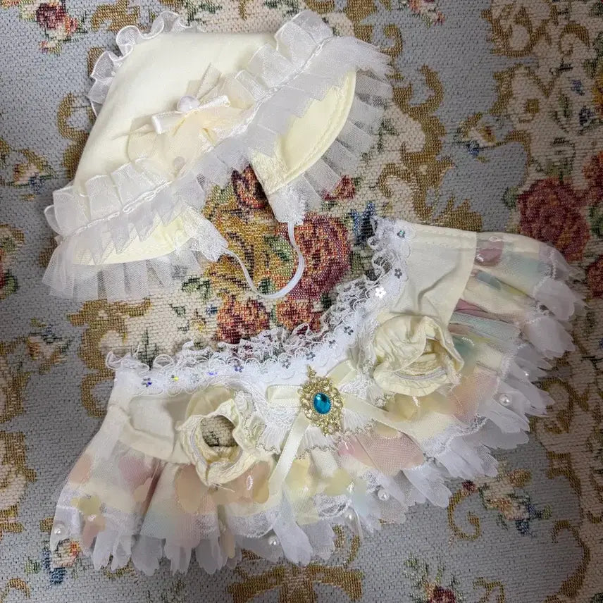 [SOLD OUT] 20cm 솜인형 옷 노랑 드레스 원피스 인형 옷 아기 보넷 세트