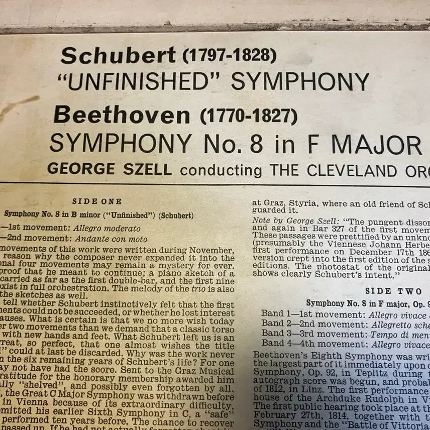 [BUNJANG] George Szell Schubert Unfinished Symphony Beethoven Symphony No. 8 Mono LP / 모노초기반LP) 조지셀 - 슈베르트 미완성 교향곡 LP (Columbia