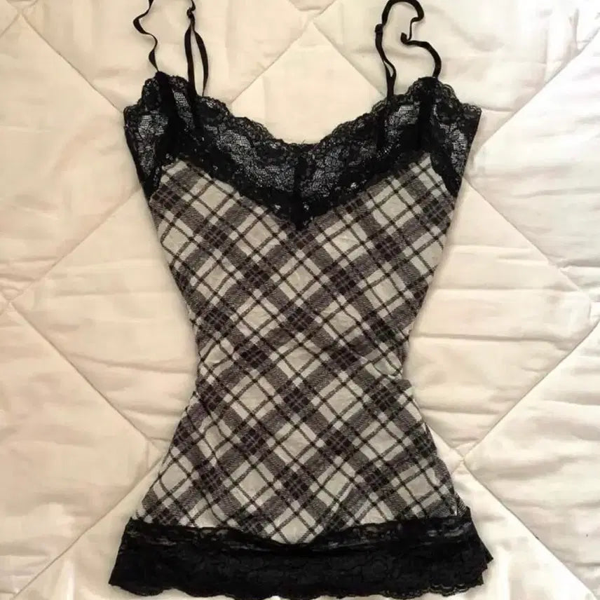 [BUNJANG] Checkered Pattern Lace Sleeveless Top / 체크 패턴 레이스 슬리브리스 나시