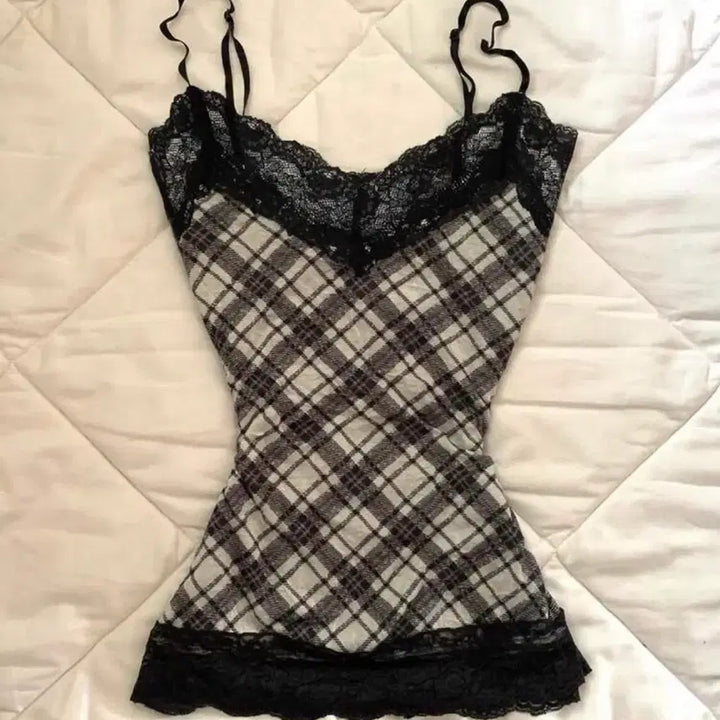 [BUNJANG] Checkered Pattern Lace Sleeveless Top / 체크 패턴 레이스 슬리브리스 나시