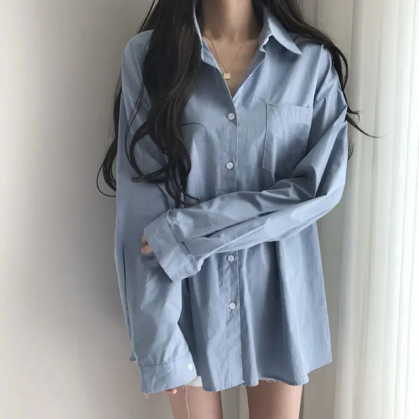 [BUNJANG] Oversized Fit Shirt (Sky Blue) / 오버핏 셔츠 FREE