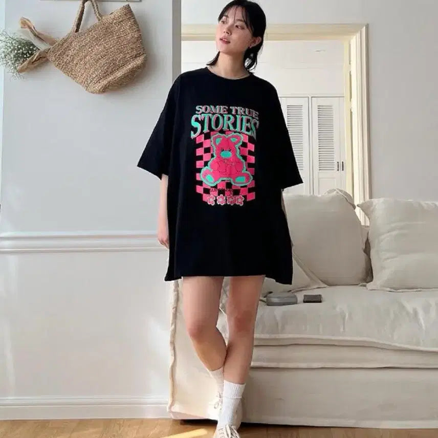 [BUNJANG] Olfitt Closet Oversized Check Bear Graphic T-Shirt / 빅사이즈 체크 곰 박스티
