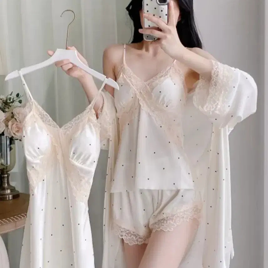 [BUNJANG] 4-Piece Lace Pajama Set - Light Pink / 레이스 잠옷 세트 4종세트 연핑크