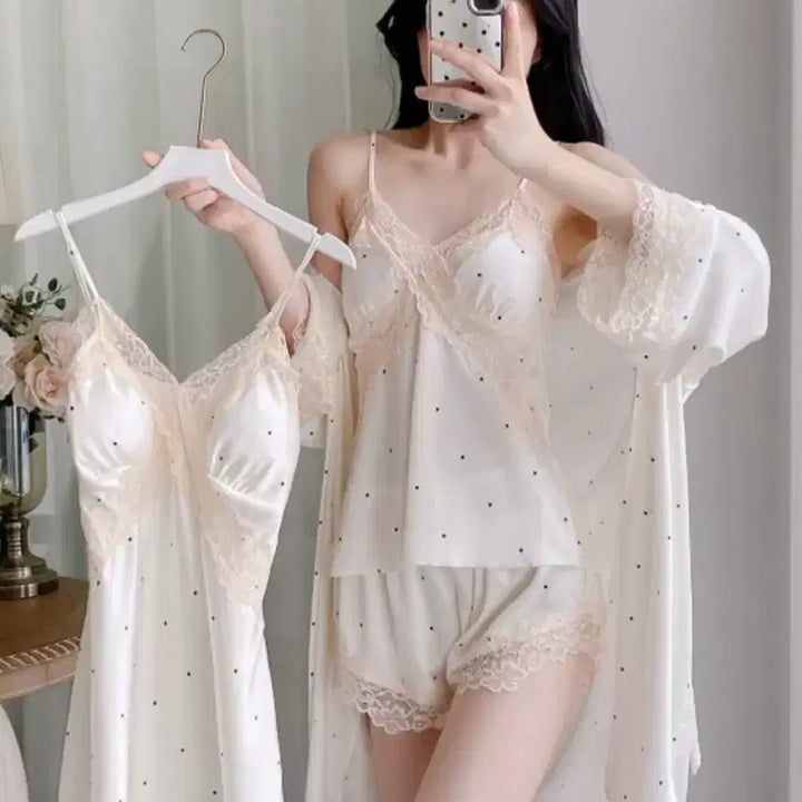 [BUNJANG] 4-Piece Lace Pajama Set - Light Pink / 레이스 잠옷 세트 4종세트 연핑크