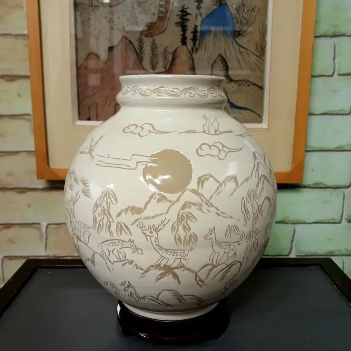 [BUNJANG] Master Jeong Song-mo Ten Symbols of Longevity Buncheong Vase / 십장생분청호. 무형문화재  호봉 정송모