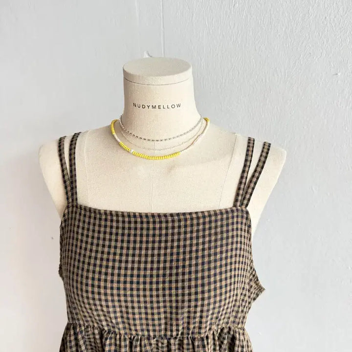 [BUNJANG] Classical Elf Brown Check Strap Off-Shoulder Dress / 일본빈티지: Classical Elf 브라운체크 끈 오픈숄더 원피스