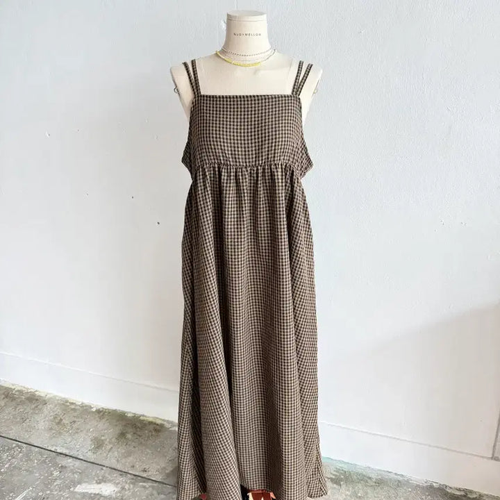 [BUNJANG] Classical Elf Brown Check Strap Off-Shoulder Dress / 일본빈티지: Classical Elf 브라운체크 끈 오픈숄더 원피스