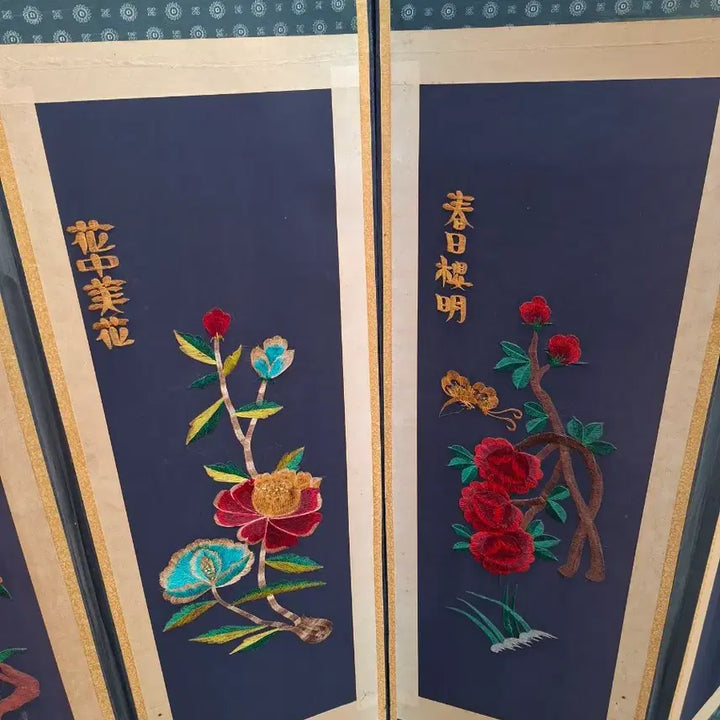 [BUNJANG] 8-Panel Handcrafted Folding Screen with Bird and Flower Painting and Four Gracious Plants / 화조도및사군자 수제병풍8폭
