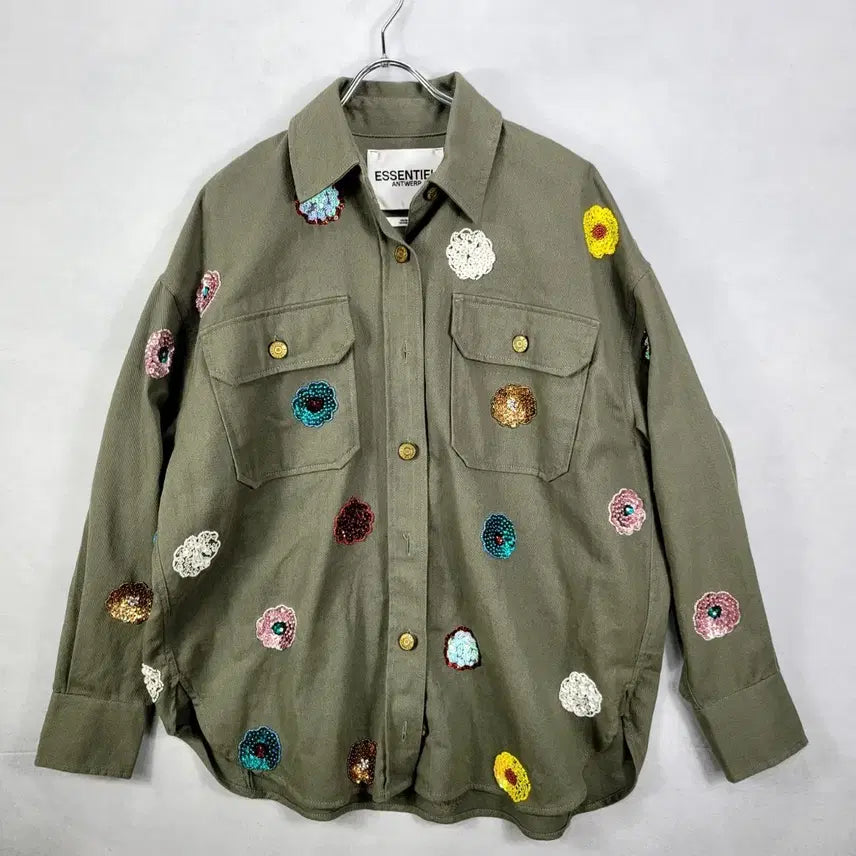 [BUNJANG] Essentiel Antwerp Khaki Flower Embroidery Shirt / 에센셜 앤트워프 카키 플라워 자수 셔츠