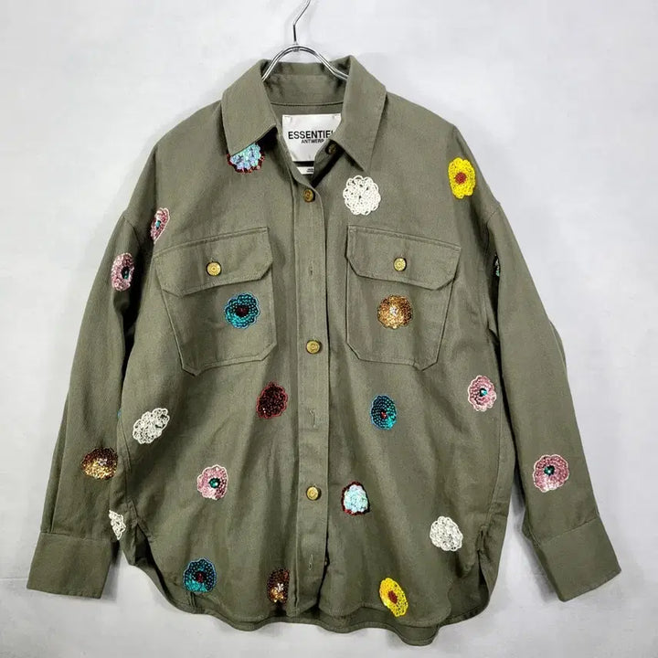 [BUNJANG] Essentiel Antwerp Khaki Flower Embroidery Shirt / 에센셜 앤트워프 카키 플라워 자수 셔츠