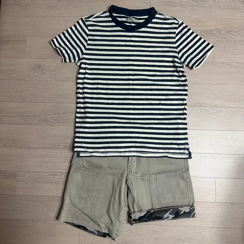 [BUNJANG] Striped Short Sleeve T-Shirt and Shorts Set / 스트라이프 반팔 티셔츠 반바지 세트