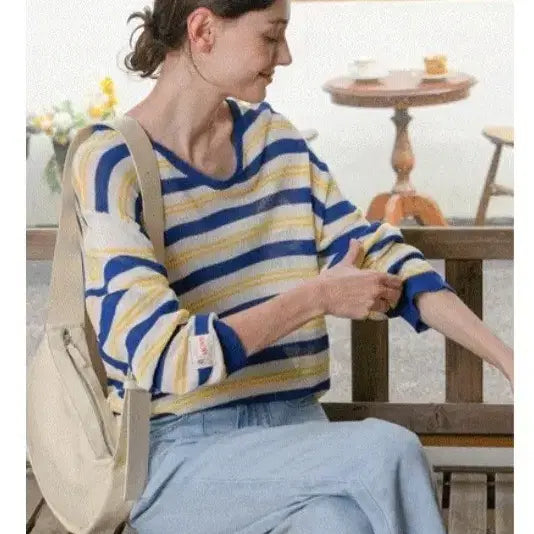 [BUNJANG] Pigment Stripe Long Sleeve Linen Knit - Blue / 피그먼트 스트라이프 긴팔 니트 블루 여름 린넨 브이넥