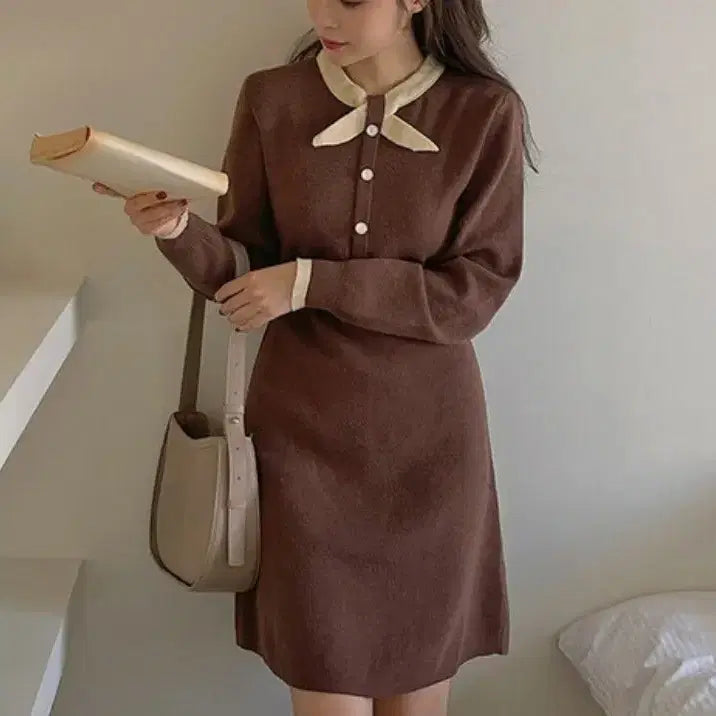 [BUNJANG] Rirancle Ribbon Collar Knit Dress Size 1 / (1회 착용) 리리앤코 리본 카라 니트 원피스 1사이즈