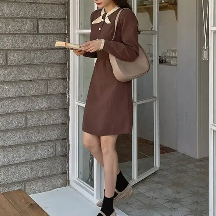 [BUNJANG] Rirancle Ribbon Collar Knit Dress Size 1 / (1회 착용) 리리앤코 리본 카라 니트 원피스 1사이즈
