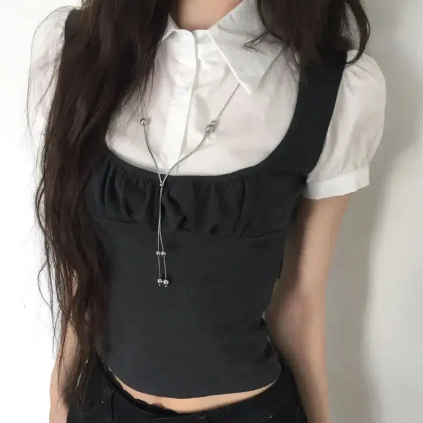 [BUNJANG] Modi Mood Rouge Puff Short Sleeve Vest Blouse Preppy / 모디무드 루지 퍼프 반팔 조끼 블라우스 프레피 (에이블리지그재그)