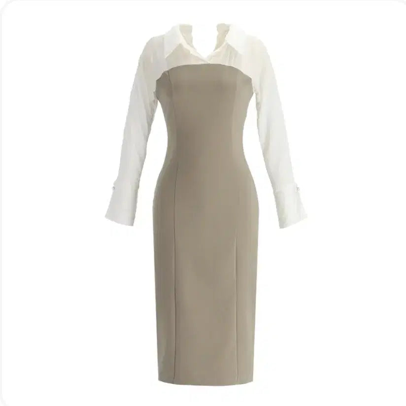 [BUNJANG] Attirance Color-Block Slim Long Dress / (새상품) 아뜨랑스 로엔 배색 셔츠 슬림 롱원피스