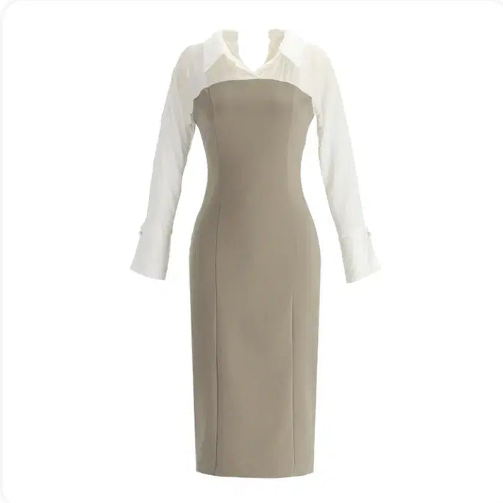 [BUNJANG] Attirance Color-Block Slim Long Dress / (새상품) 아뜨랑스 로엔 배색 셔츠 슬림 롱원피스