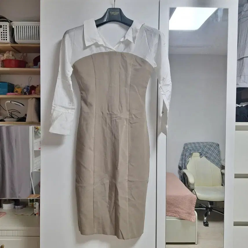 [BUNJANG] Attirance Color-Block Slim Long Dress / (새상품) 아뜨랑스 로엔 배색 셔츠 슬림 롱원피스