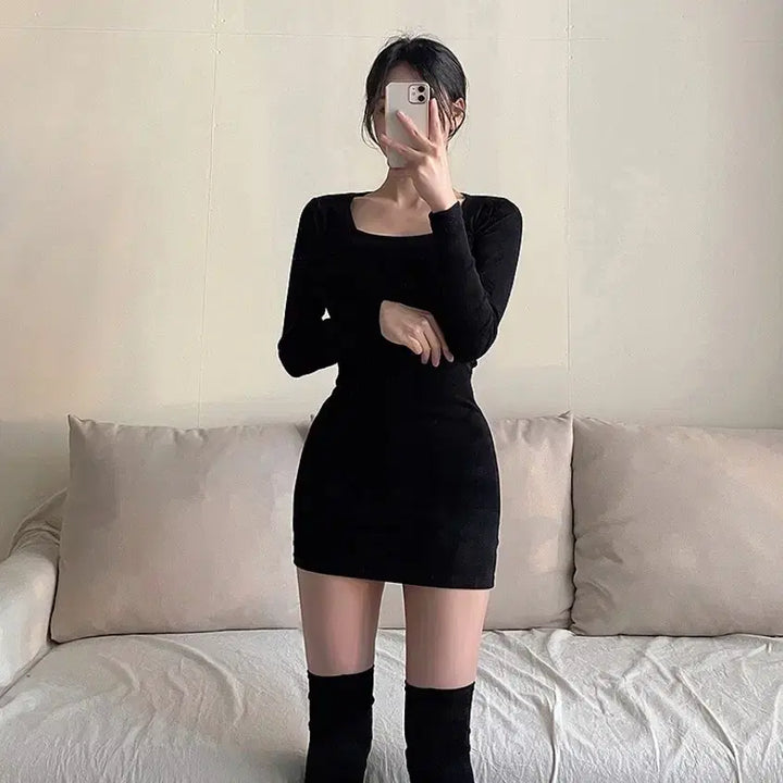[BUNJANG] Square Neck Mini Dress - Black / (새상품)스퀘어넥 블랙 스퀘어넥 미니원피스