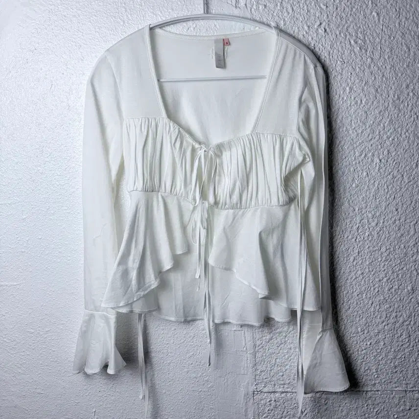 [BUNJANG] Shirring Tie Blouse Off-White / 기준 셔링 타이 블라우스 오프화이트
