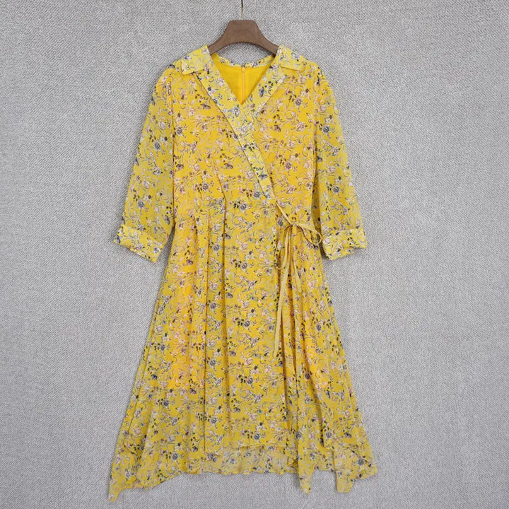 [BUNJANG] Visit in New York Wrap Collar Asymmetric Flare Chiffon Dress Size 66 / 비지트인뉴욕 랩 카라 언발 플레어 쉬폰 원피스 66size