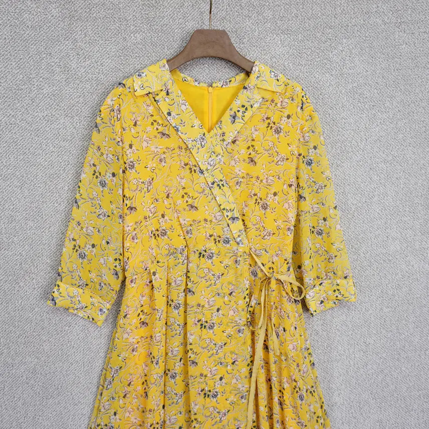 [BUNJANG] Visit in New York Wrap Collar Asymmetric Flare Chiffon Dress Size 66 / 비지트인뉴욕 랩 카라 언발 플레어 쉬폰 원피스 66size