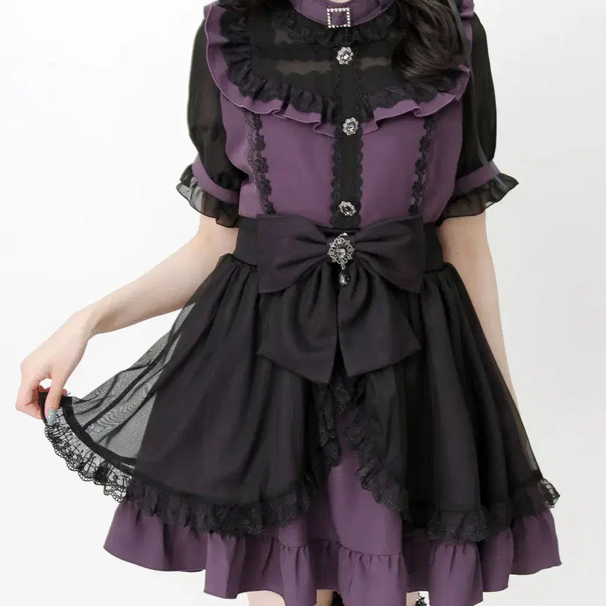 [BUNJANG] Dear My Love Choker Style Cross Lace Ribbon Kashcool Frill Short Sleeve Dress / 디어마이러브 디마럽 초커풍 크로스 레이스 리본 카슈쿨 프릴 반팔 원피스