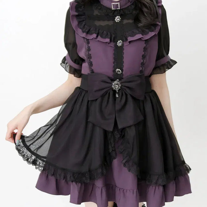 [BUNJANG] Dear My Love Choker Style Cross Lace Ribbon Kashcool Frill Short Sleeve Dress / 디어마이러브 디마럽 초커풍 크로스 레이스 리본 카슈쿨 프릴 반팔 원피스