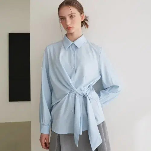 [BUNJANG] Sky Blue Ribbon Tie Wrap Blouse / 바이바이섭 랩 블라우스