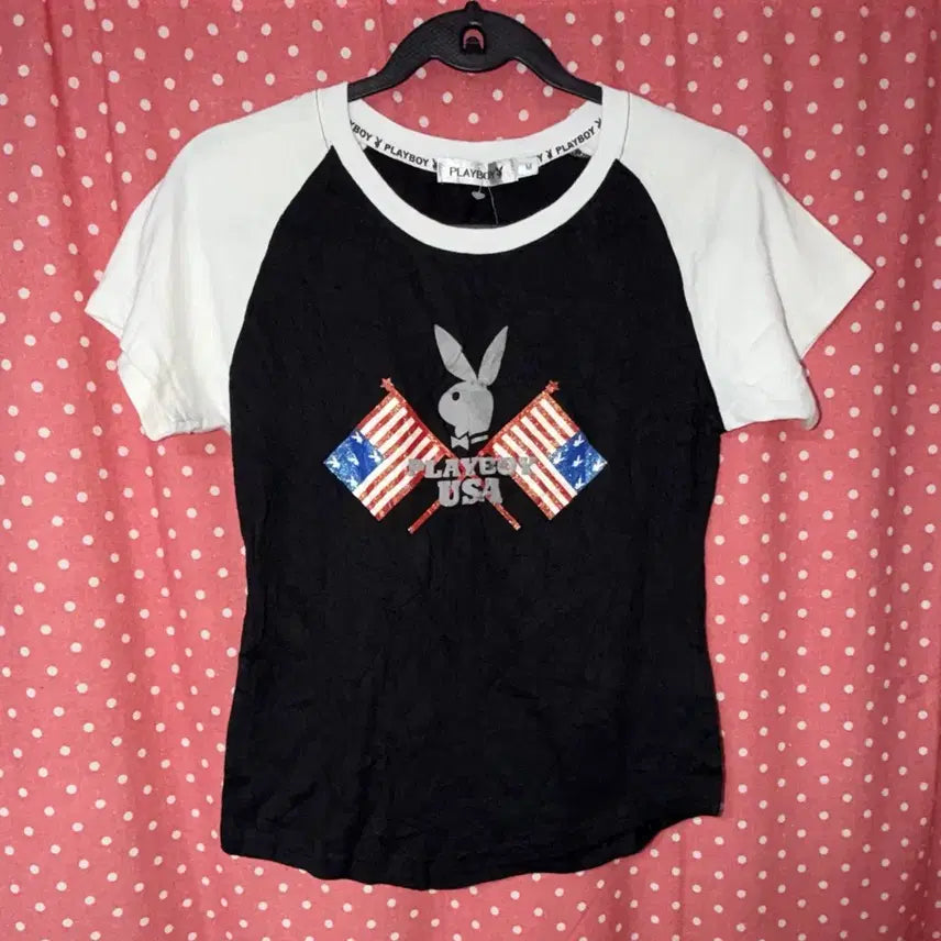 [BUNJANG] Playboy USA Flag Raglan Short Sleeve T-Shirt / playboy 플레이보이 usa 성조기 래글런 반팔 티셔츠