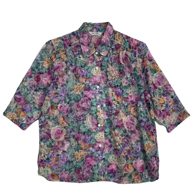 [BUNJANG] Floral Oversized Short Sleeve Blouse Shirt / 플라워 반팔 블라우스 플로럴 오버핏 셔츠 [XL] 빈티지 레트로룩
