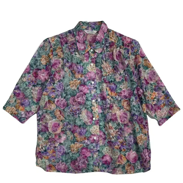 [BUNJANG] Floral Oversized Short Sleeve Blouse Shirt / 플라워 반팔 블라우스 플로럴 오버핏 셔츠 [XL] 빈티지 레트로룩