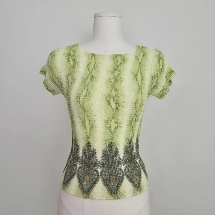 [BUNJANG] Japan Green Paisley Pleated Short-Sleeve T-Shirt / 재팬 연두 페이즐리 플리츠 반팔 티셔츠