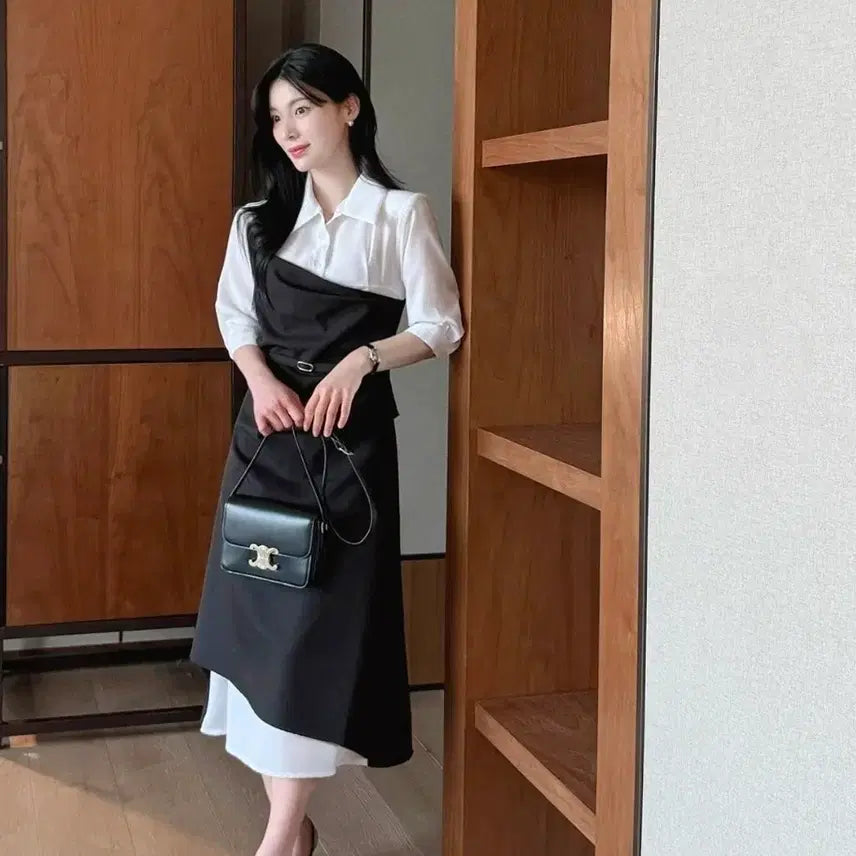 [BUNJANG] Aknyeo Diary Color Block Shirring Belt Dress Black S / 악녀일기 셔츠 배색 벨트 셔링 원피스 