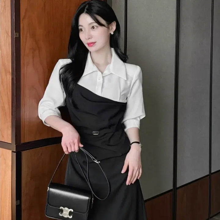 [BUNJANG] Aknyeo Diary Color Block Shirring Belt Dress Black S / 악녀일기 셔츠 배색 벨트 셔링 원피스 