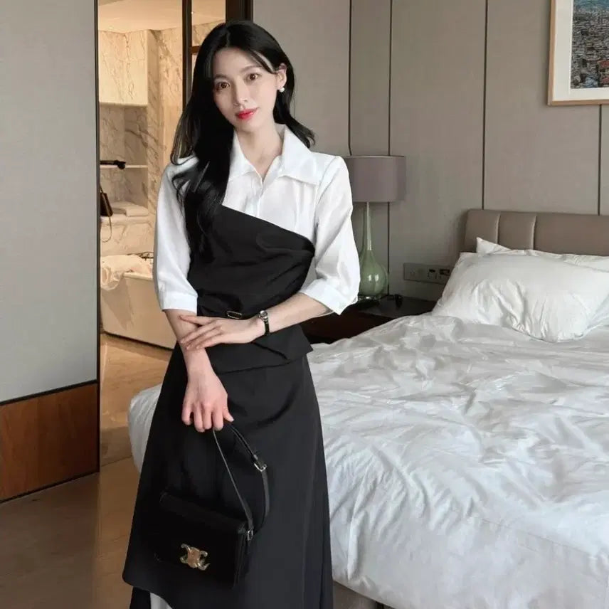 [BUNJANG] Aknyeo Diary Color Block Shirring Belt Dress Black S / 악녀일기 셔츠 배색 벨트 셔링 원피스 