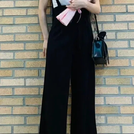 [BUNJANG] Ribbon Strap Wide Pants - Black / 리본멜빵 와이드팬츠 블랙