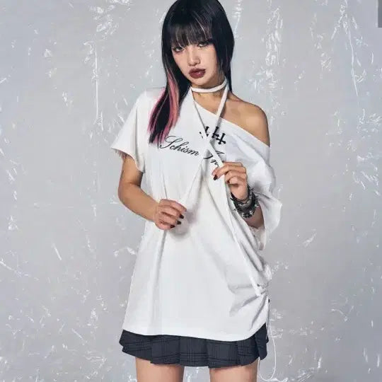 [BUNJANG] SKIZM Inducing Cross String T-shirt White / 스키즘인듀싱 크로스 스트링 티셔츠 화이트 셔링 스카프  시스루 레이스 오