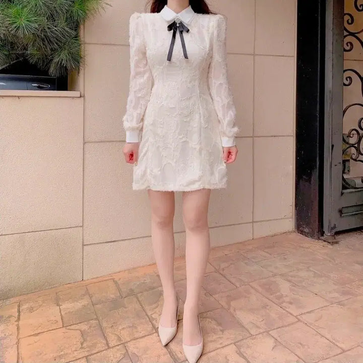 [BUNJANG] Cream Dress with Detachable Pearl Ribbon Brooch (Size S) / 진주리본브로치 크림원피스