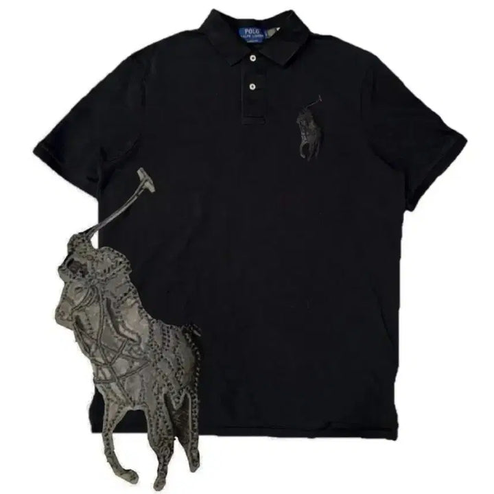 [BUNJANG] Polo Ralph Lauren Custom Fit Big Pony Leather Embroidered Short Sleeve Polo Shirt Black L / 폴로 랄프로렌 Leather 빅포니 반팔 카라티블랙 L