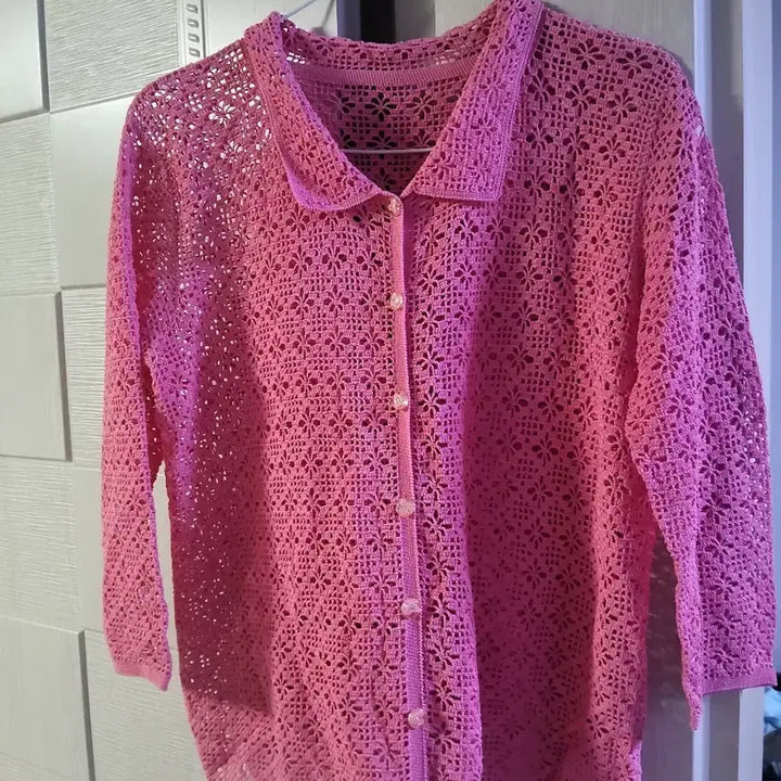 [BUNJANG] Pink Collar Handmade Knit Cardigan / 핑크색 카라 손뜨개 가디건