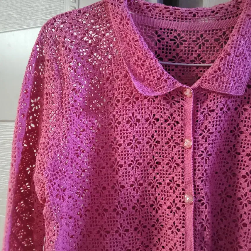 [BUNJANG] Pink Collar Handmade Knit Cardigan / 핑크색 카라 손뜨개 가디건